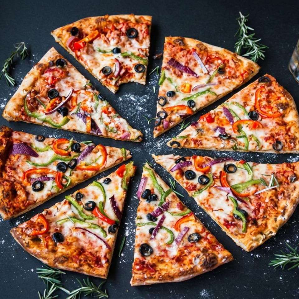 Overhead view of eight vegetable pizza slices arranged on a dark surface with tomatoes, garlic, mushrooms, rosemary, and a beer mug.