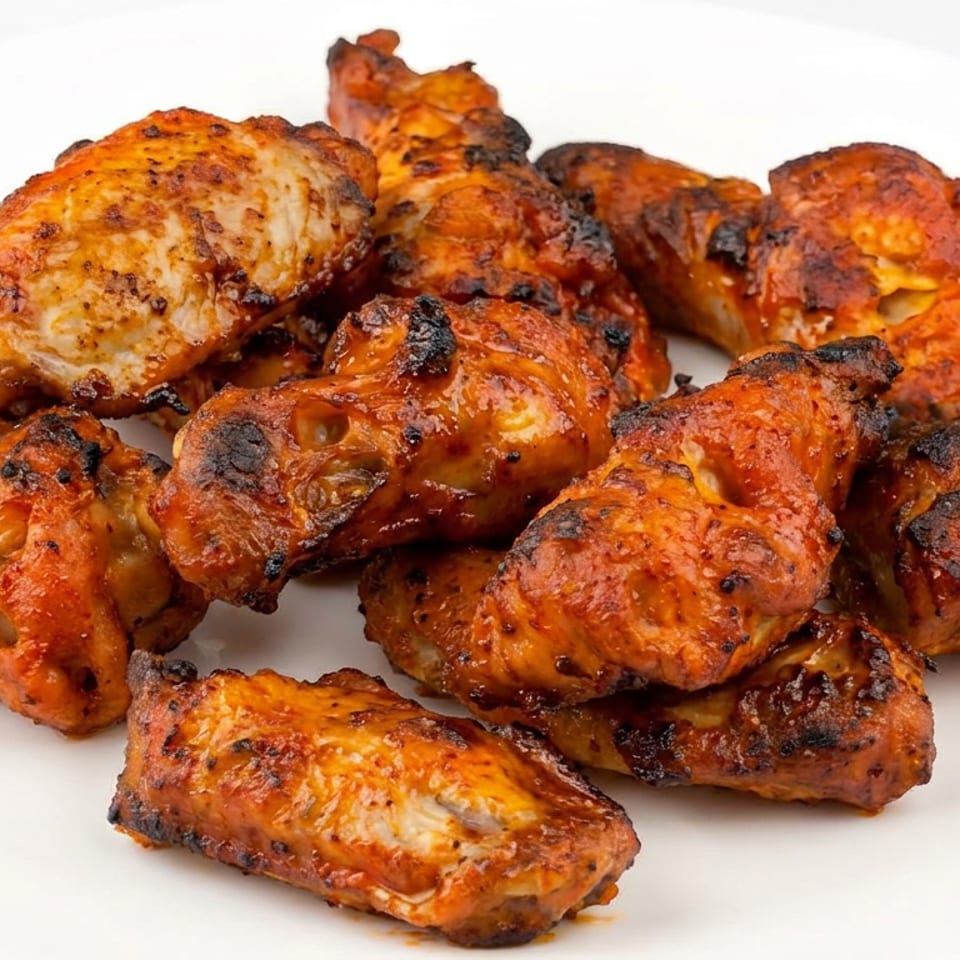 A plate piled with charred, orange-seasoned grilled chicken pieces.
