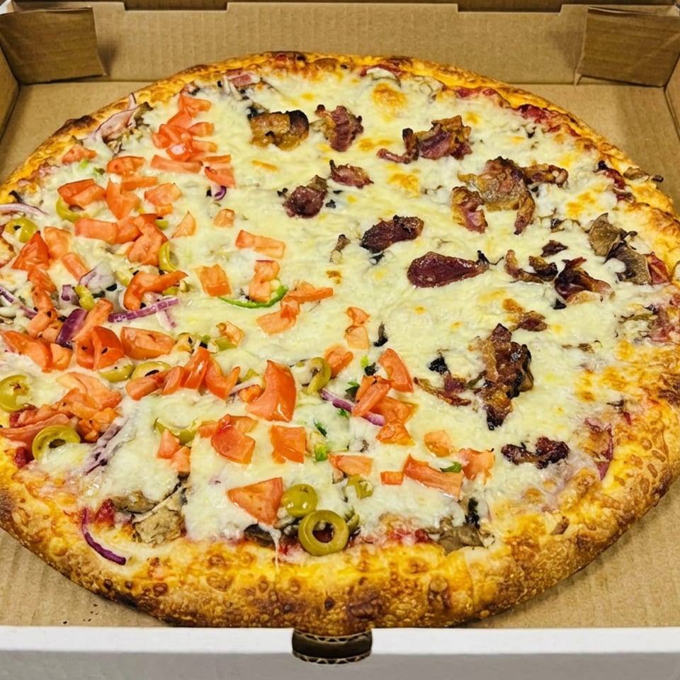 Large loaded pizza with melted cheese, tomatoes, jalapeños, onions, mushrooms, and meat toppings in an open cardboard box.
