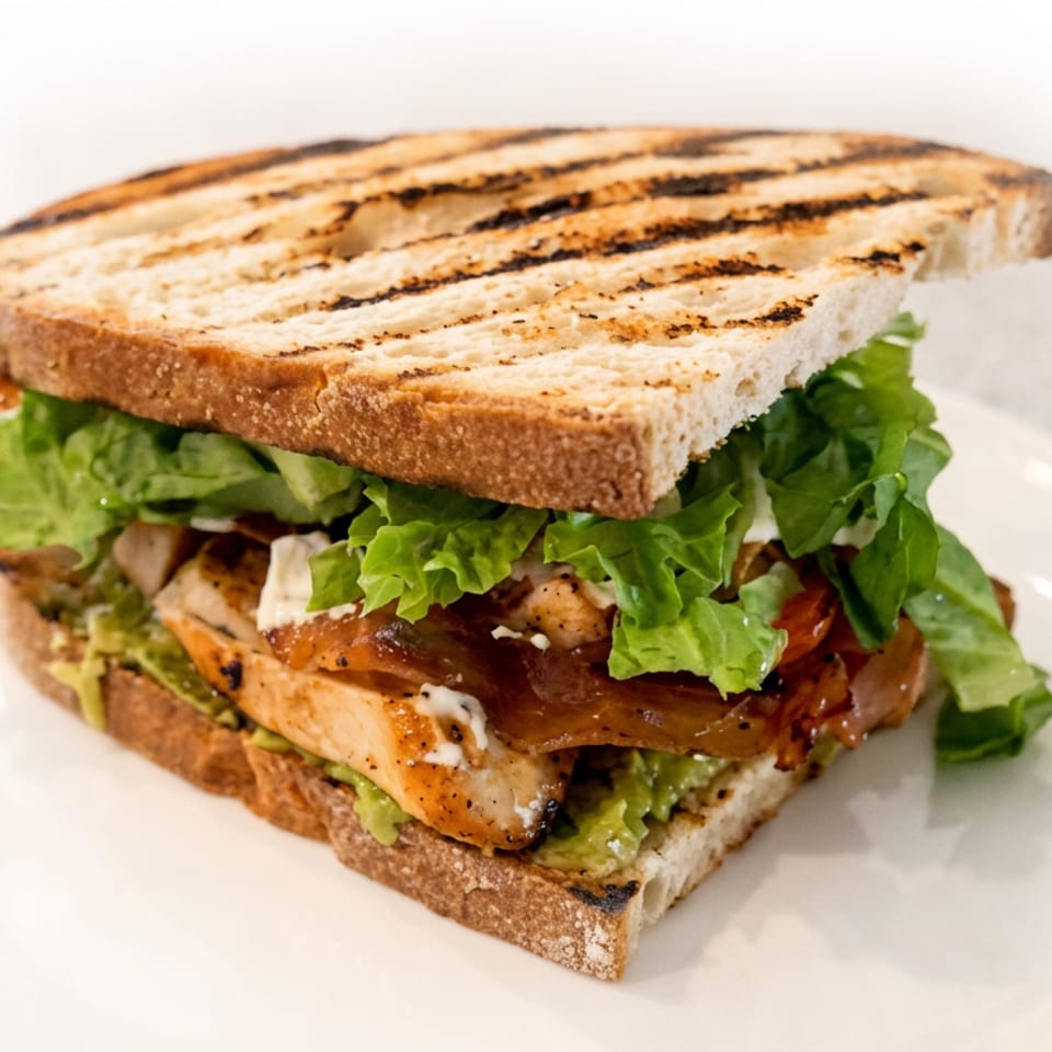 Grilled chicken sandwich with lettuce, avocado, sauce, and toasted bread served on a white plate.