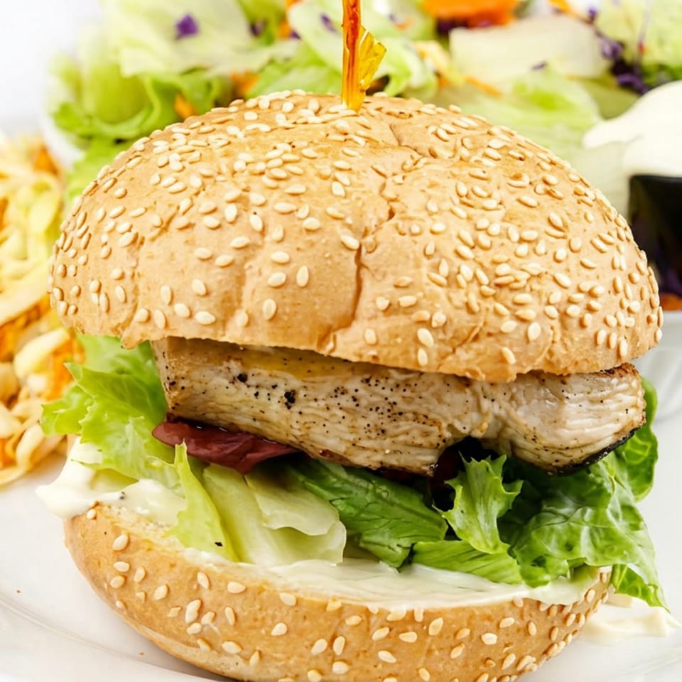 Grilled chicken burger with lettuce on a sesame bun, served with shredded salad and creamy dipping sauce.