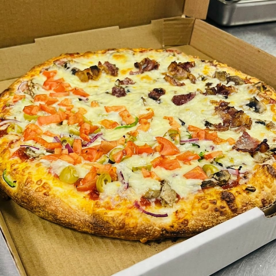 Large thick-crust pizza topped with melted cheese, tomatoes, peppers, mushrooms, onions, and meat in an open cardboard box.