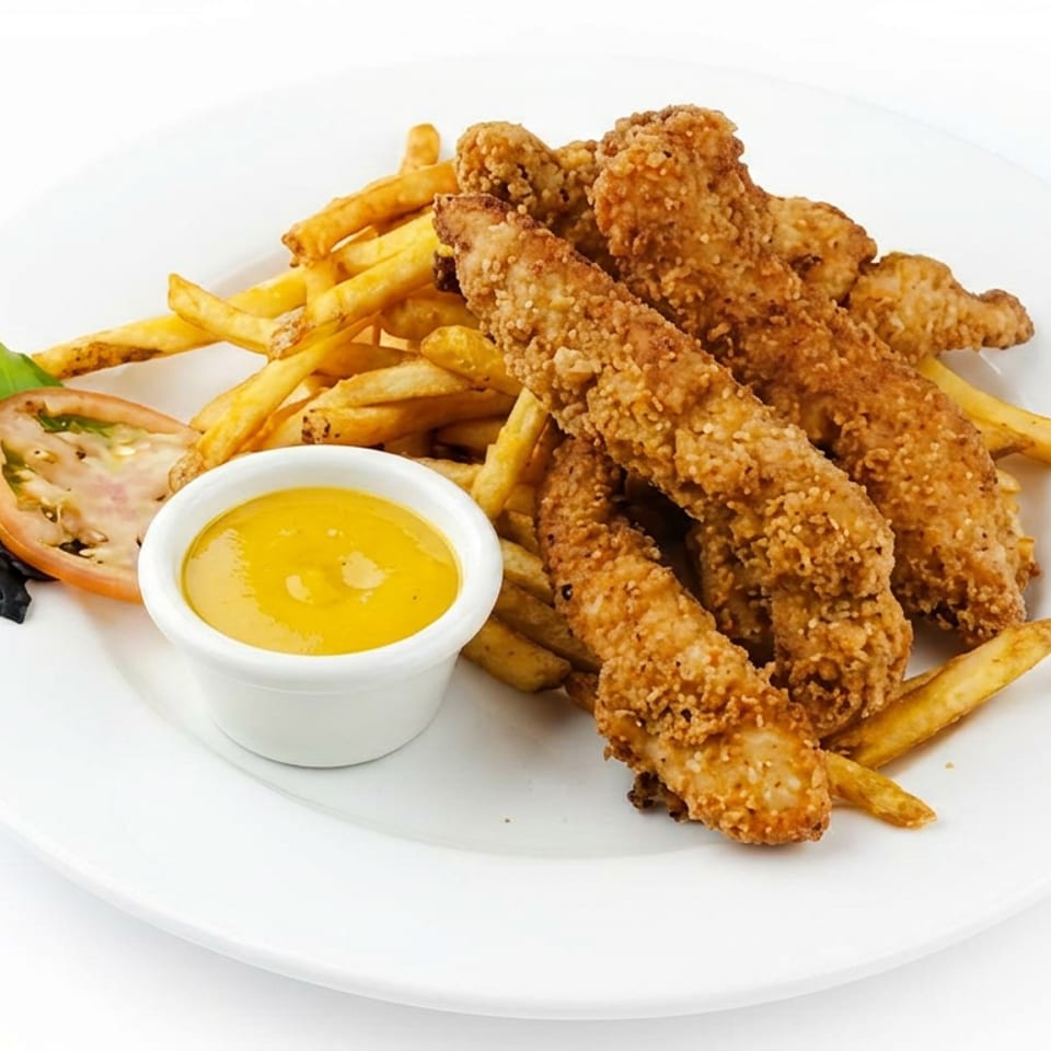 Crispy fried chicken strips with French fries, tomato, lettuce, and dipping sauce on a white plate.