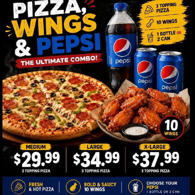 Pizza, Wings & Pepsi (Medium Pizza).